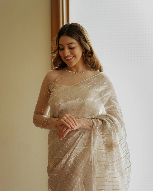 Beautiful bridal tissue saree blend of rhinestones with emblished 3Dwork