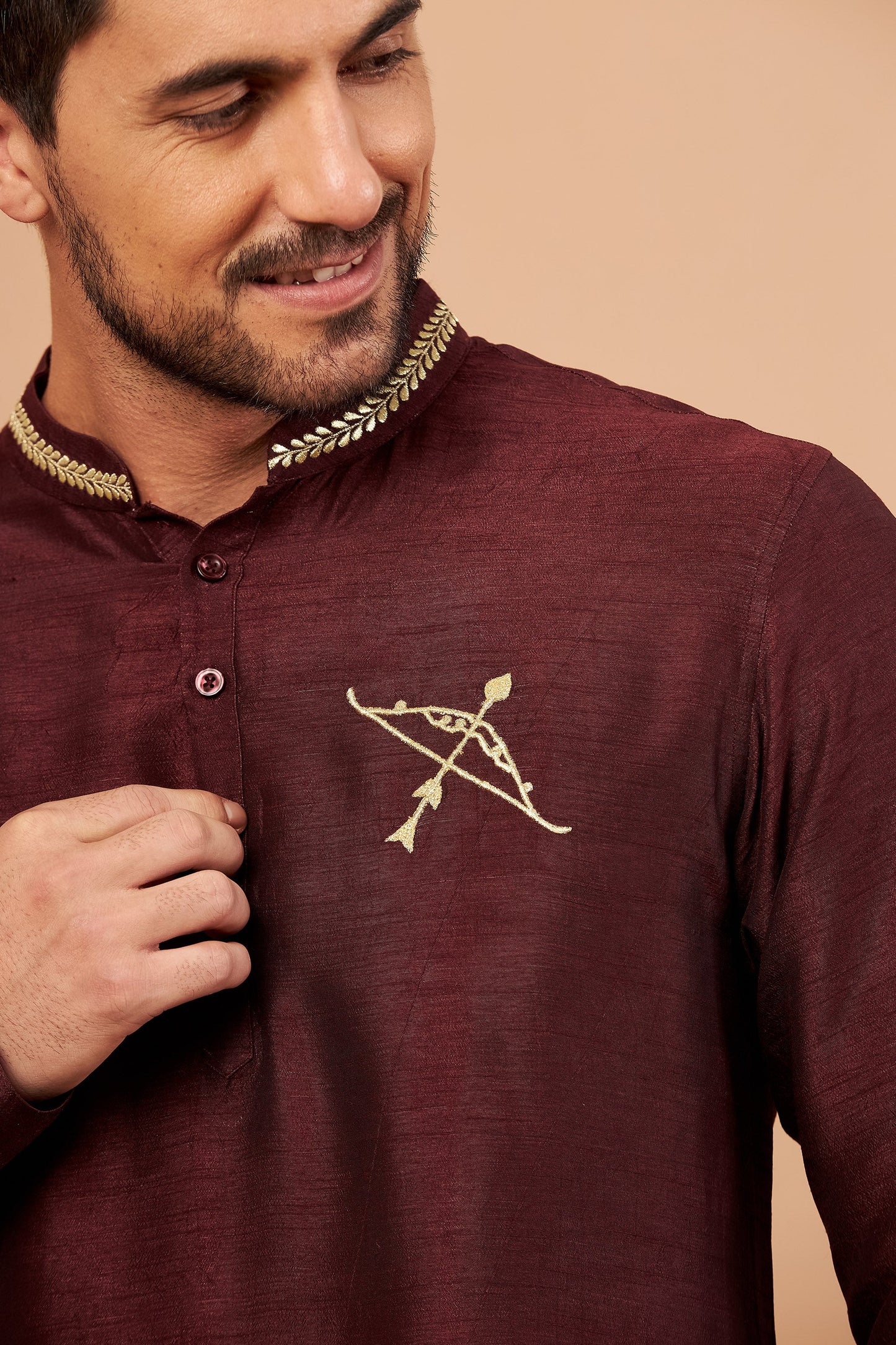 Maroon Semi Raw Silk Zari Bow & Arrow Embroidery ( only Kurta )