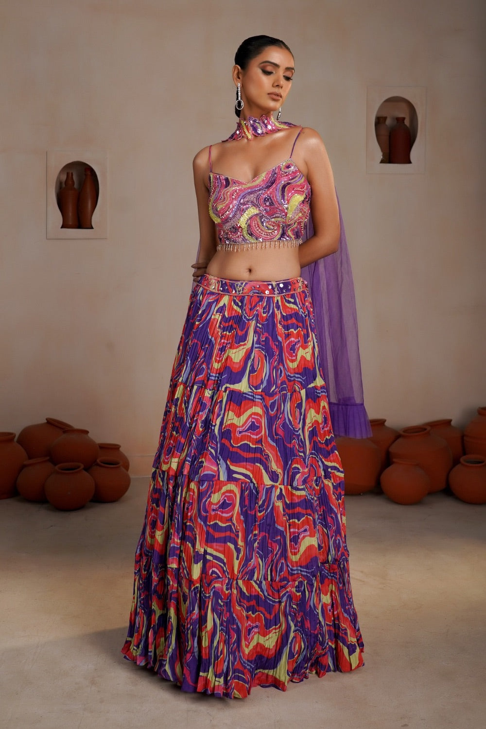 Multicolour Crepe Silk lehenga choli