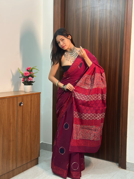 Bubble Pop Maroon &  Purple Handblock Printed Cotton Saree