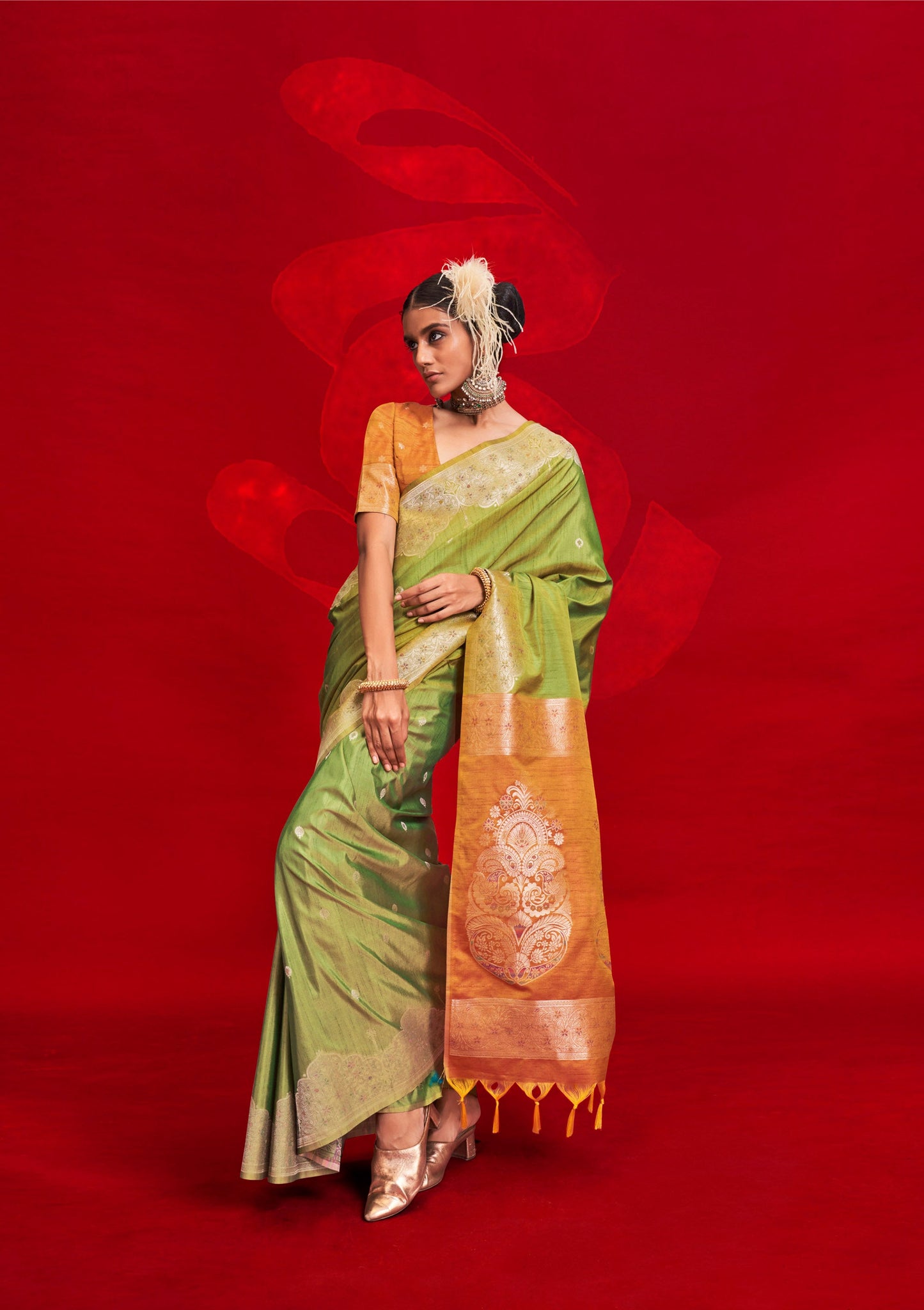 Green Kontessa Tussar Silk Handloom Saree with ikkat Pallu