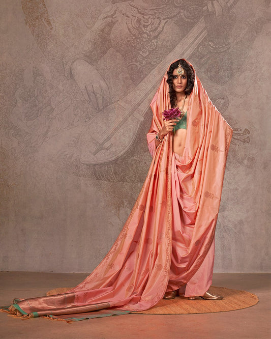 Orange Kirtan Two Tone Handloom Weaving Silk Saree With Contrast Pallu