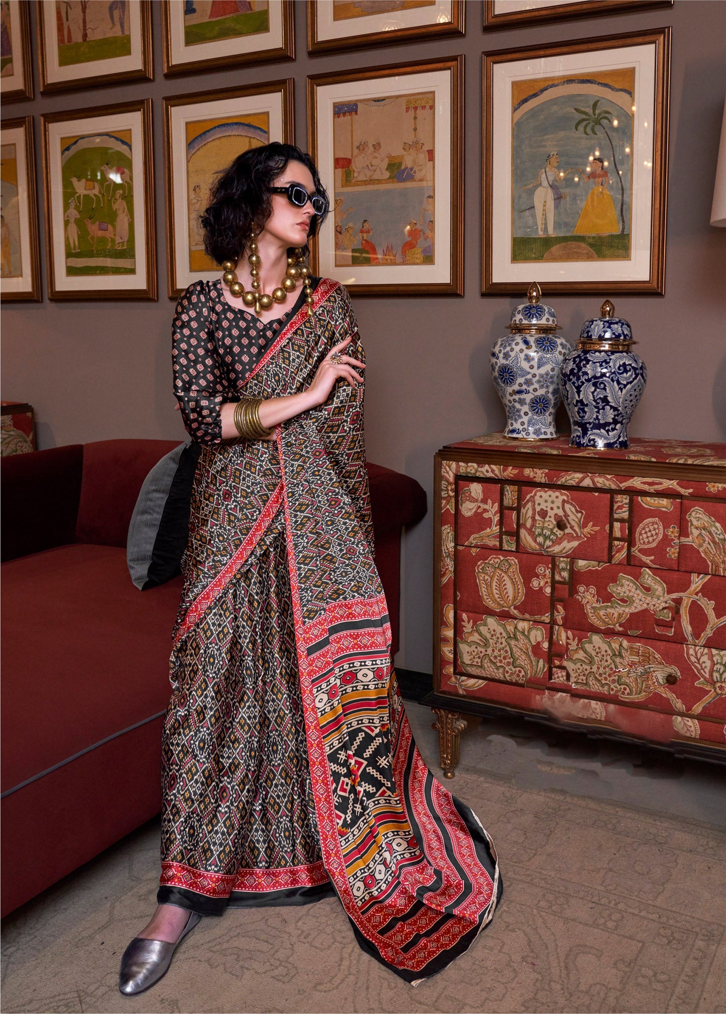 Black Konzai Satin Crape Saree With Digital Patola Prints