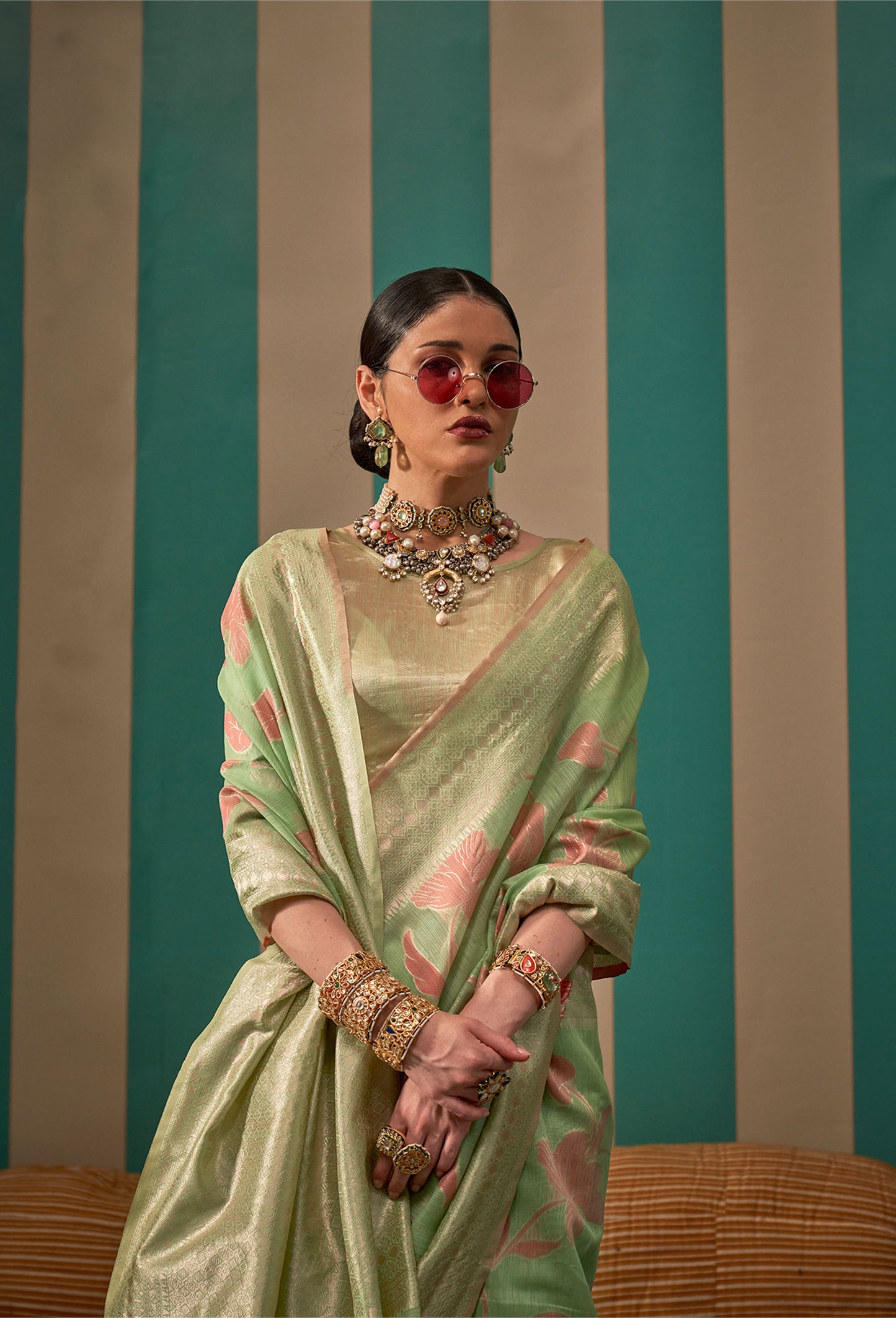 Mint Green Kapri Linen Handloom Silk Saree