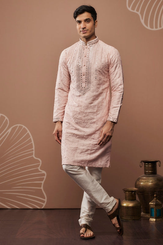 Peach silk kurta set with hand and machine work