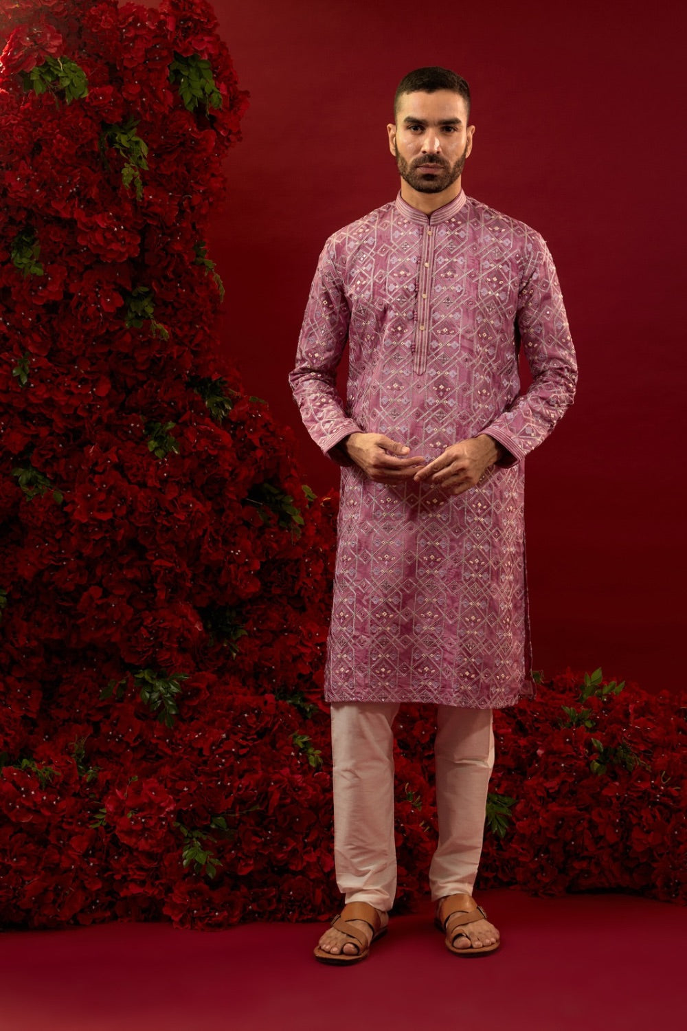 Light purple silk kurta & pajama with machine work
