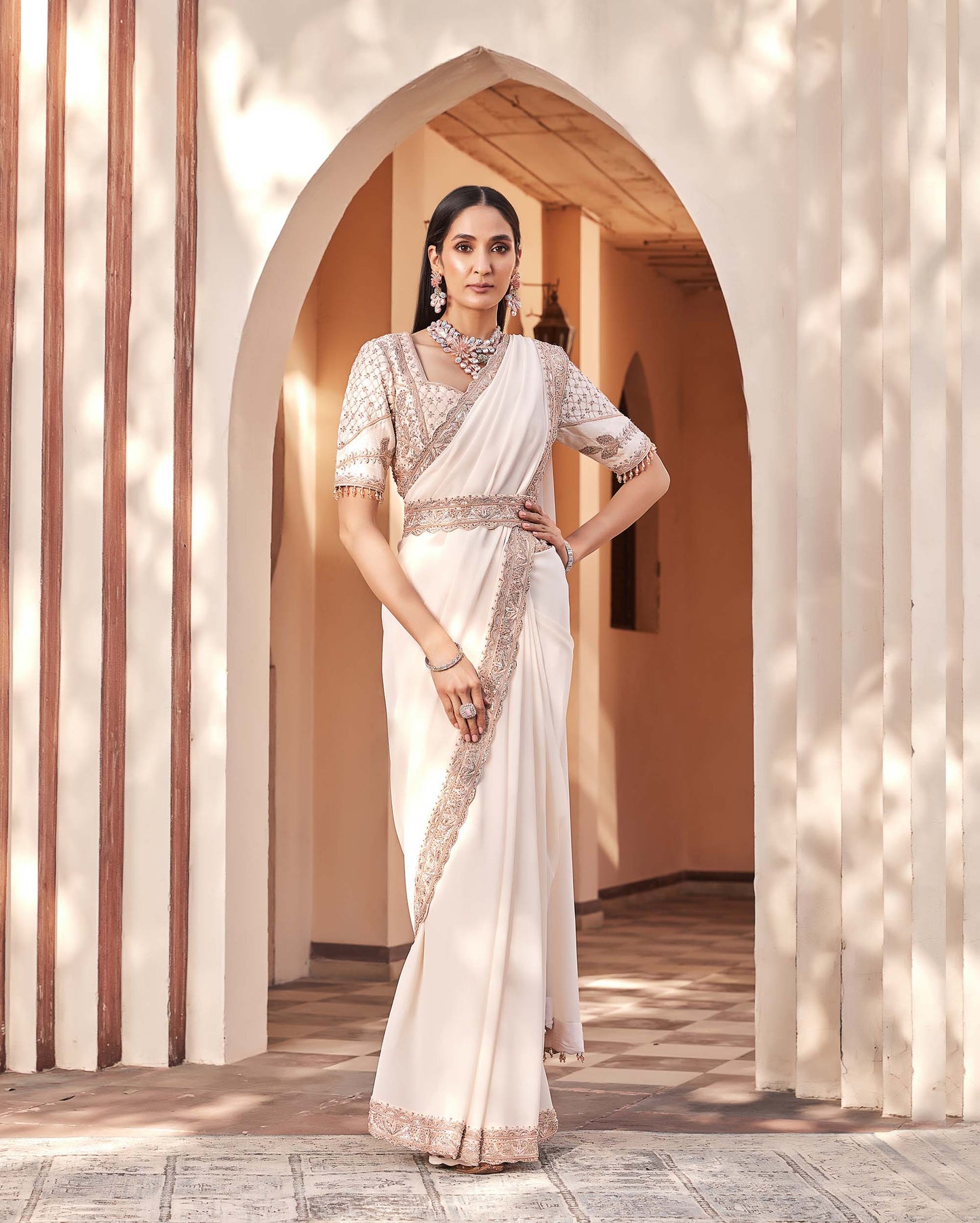 Mughal Light Peach Georgette Embroidered Party Saree