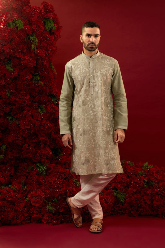 Sage green silk kurta set with machine work