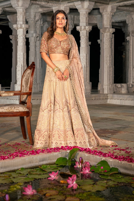 Beige lucknowi lehenga choli with hand work