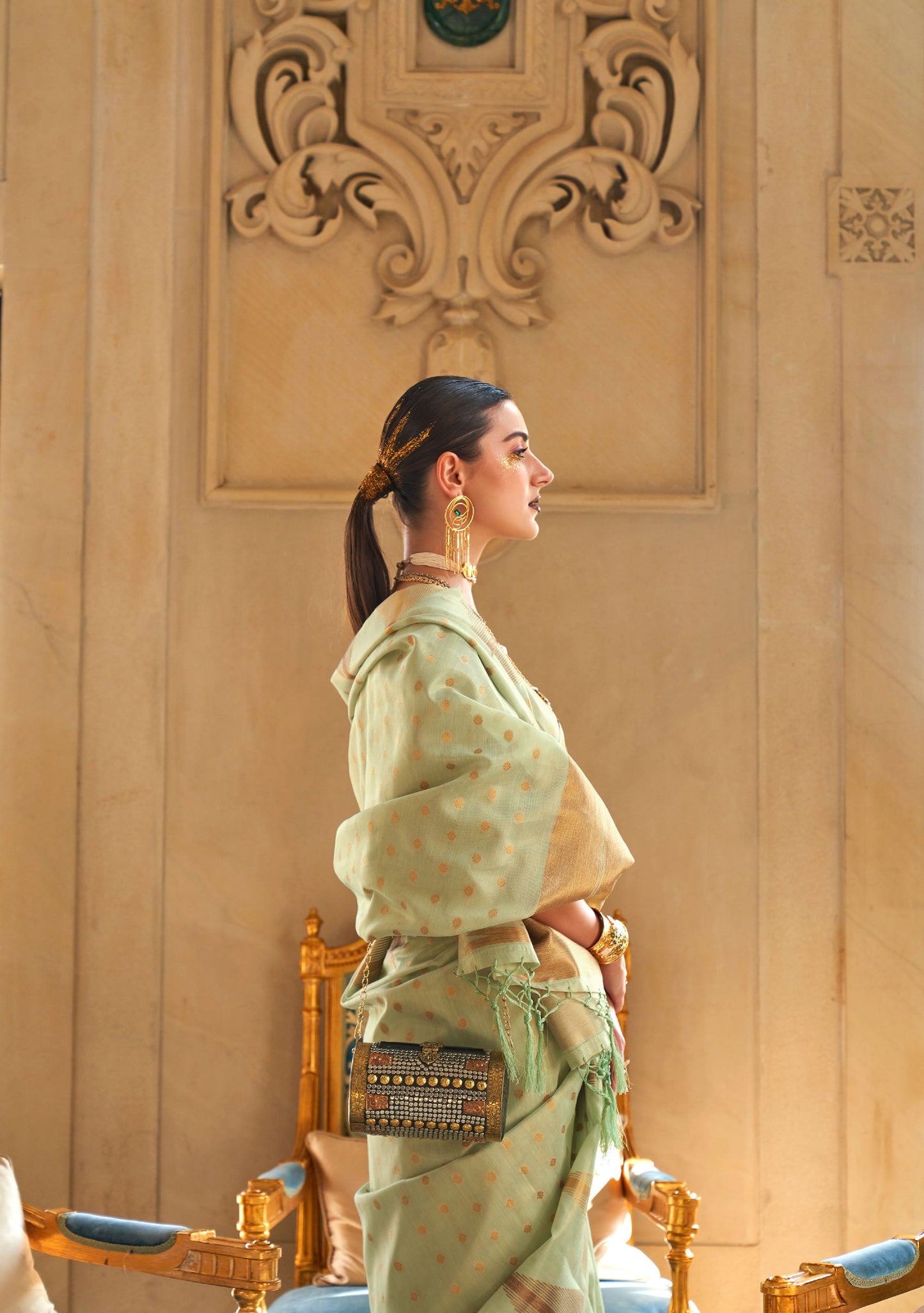 Pista Green Kyaari Silk Tissue Zari Khicha Zari Handloom Saree