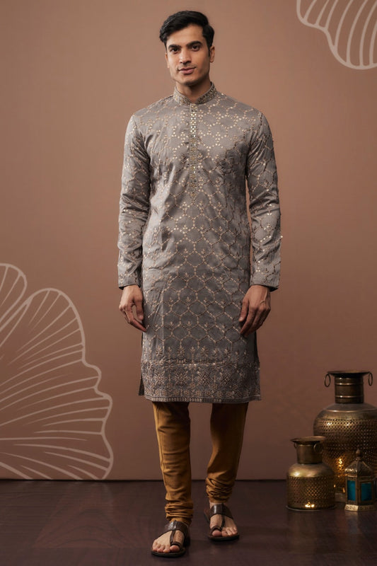 Grey silk kurta set with hand and machine work
