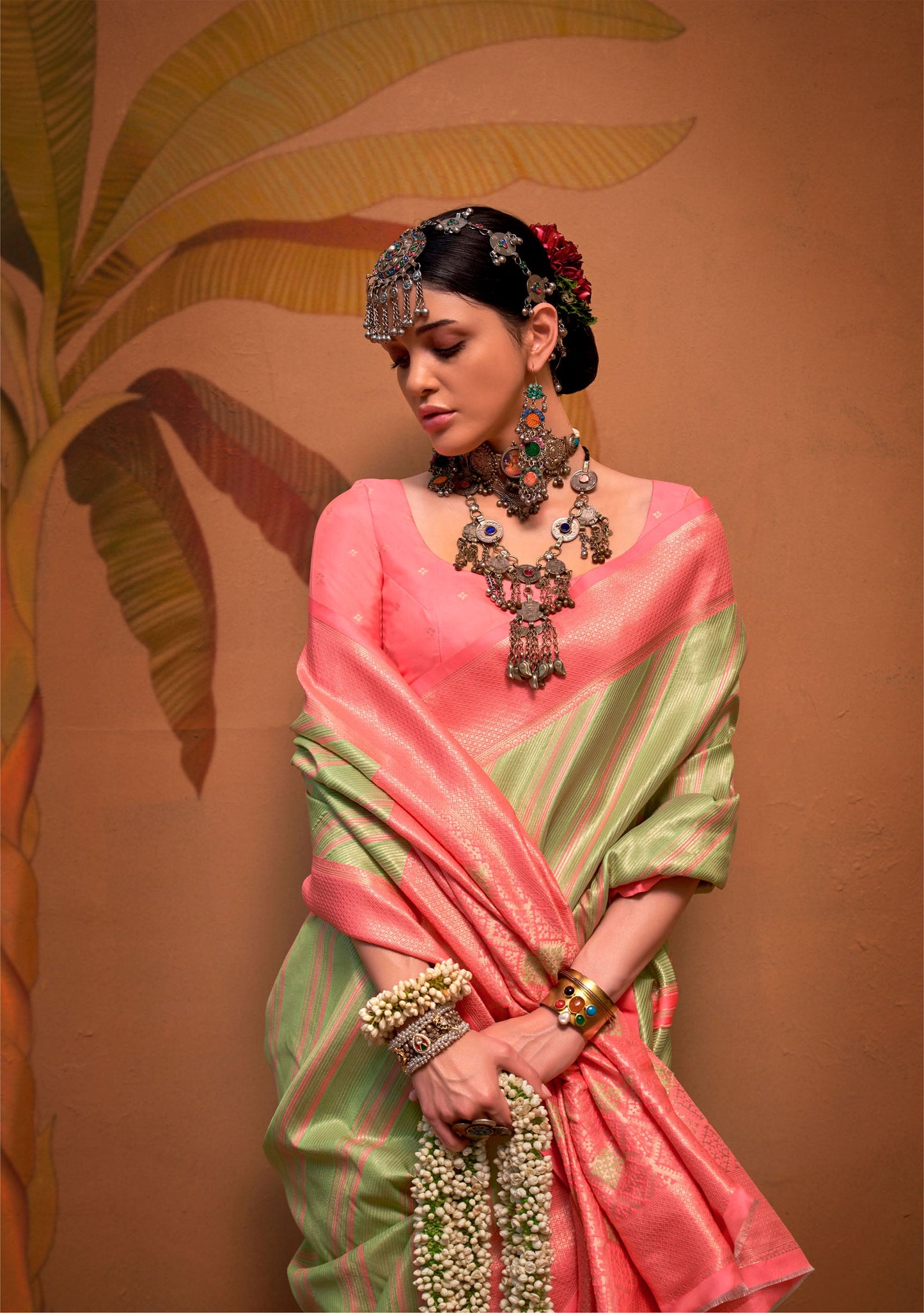 Pink and Light Pistachio Kalamari Handloom Silk Saree