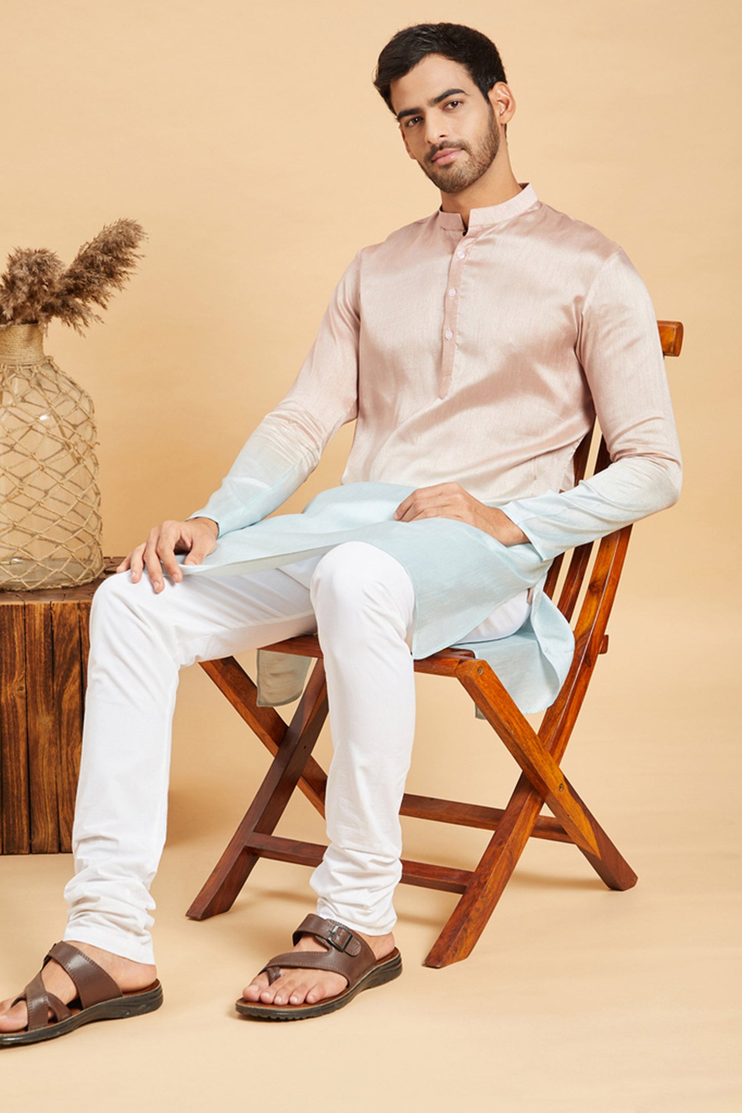 Pink & Sea Blue Raw Silk Embroidered Ombre Festive ( only Kurta )
