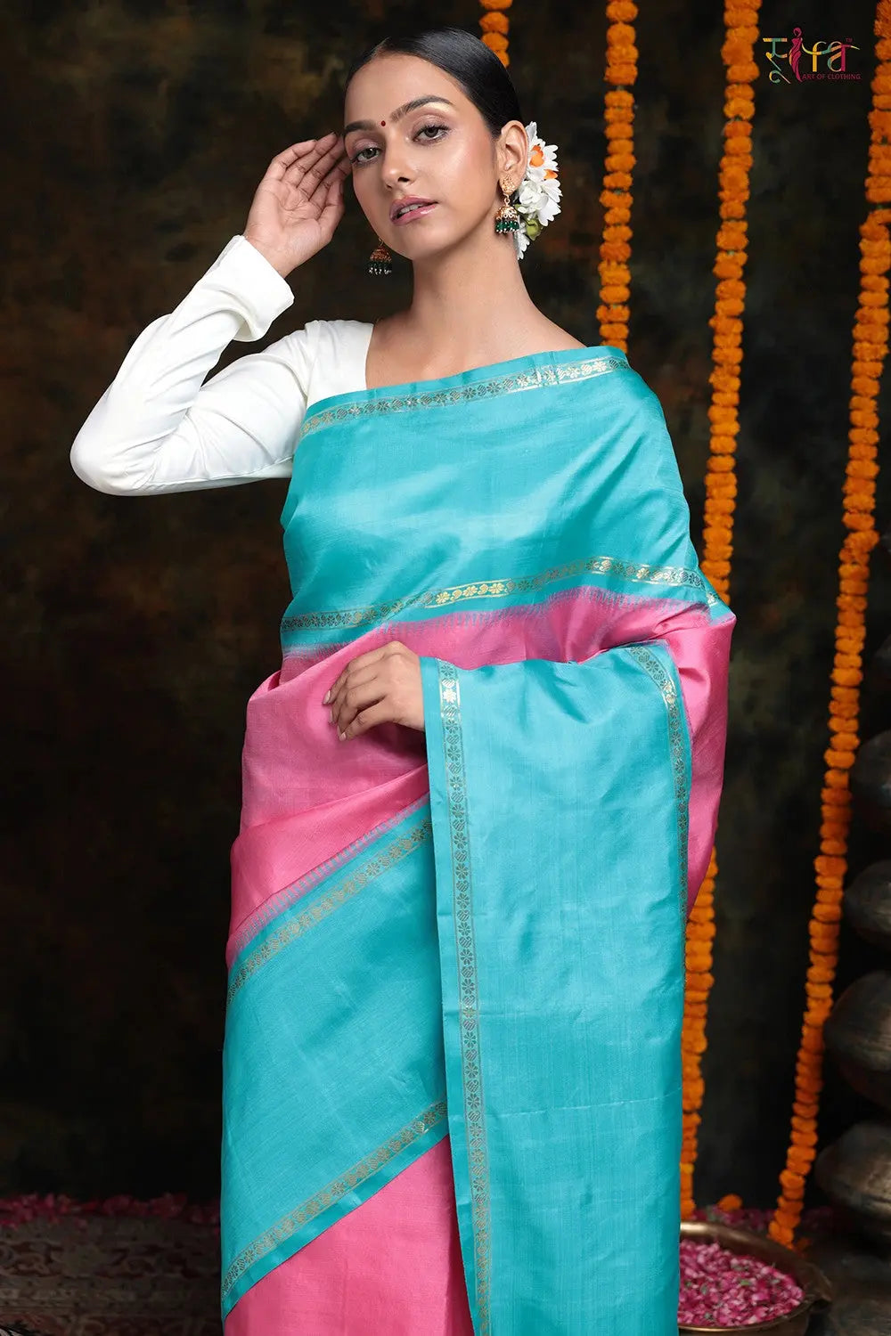 Rose Pink & Azure Blue Handloom pure silk Kanchipattu Saree