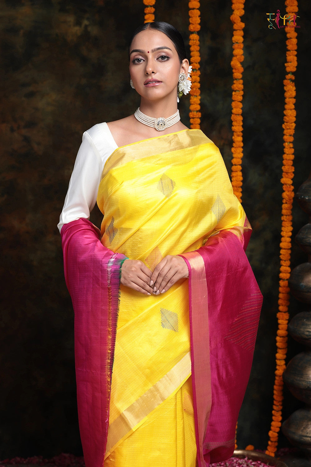 Handloom Bright Yellow Pure Silk Kanchi Contemporary Saree