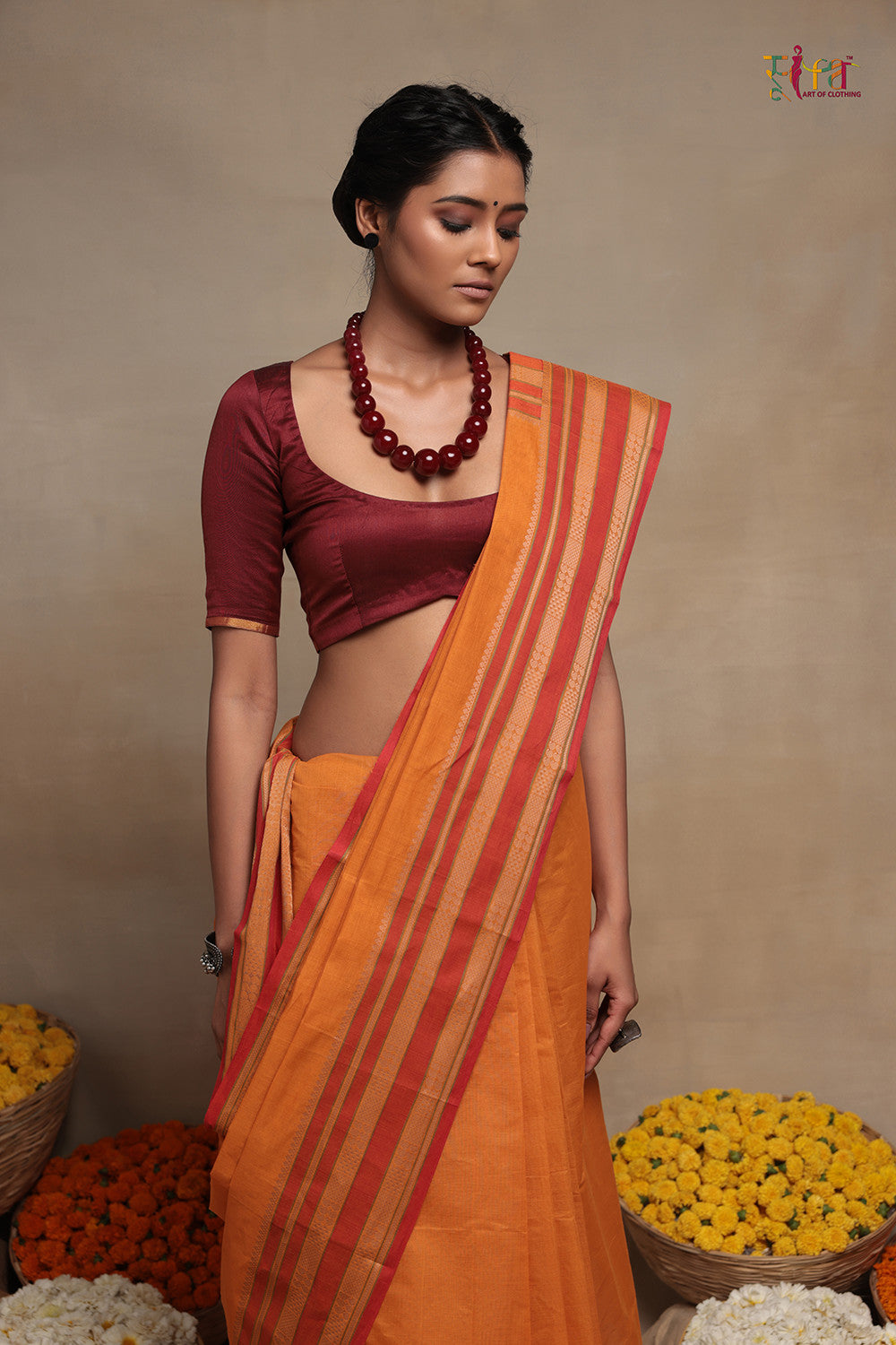 Handloom Atomic Orange Pure Cotton Kanchi Saree