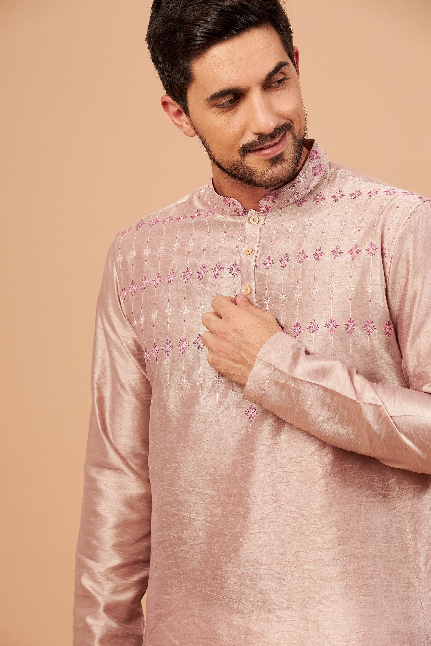 Beige Brown Semi Raw Silk Machine Embroidery Casual ( only Kurta )