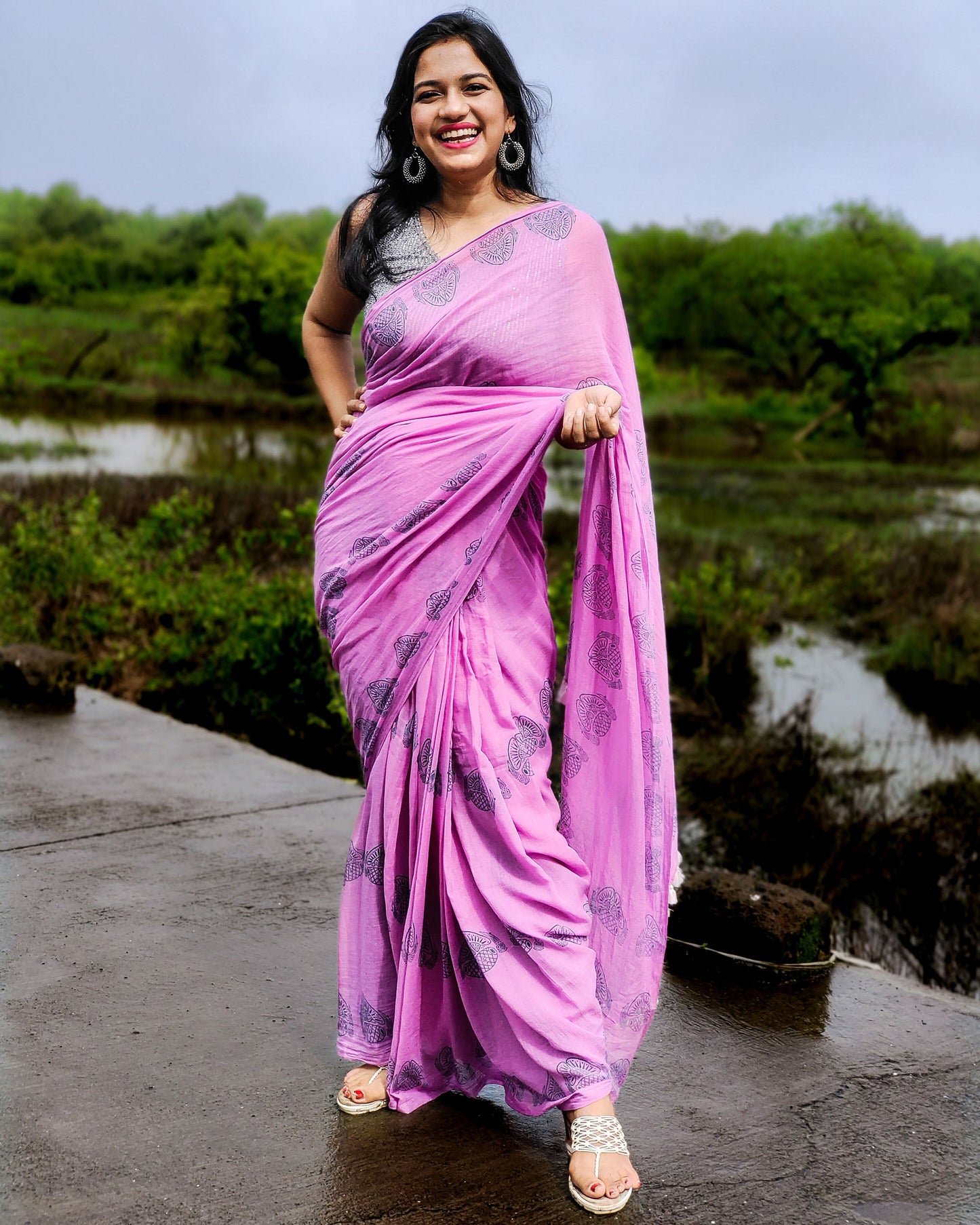 Lilac mul cotton saree with block printed ethnic motif