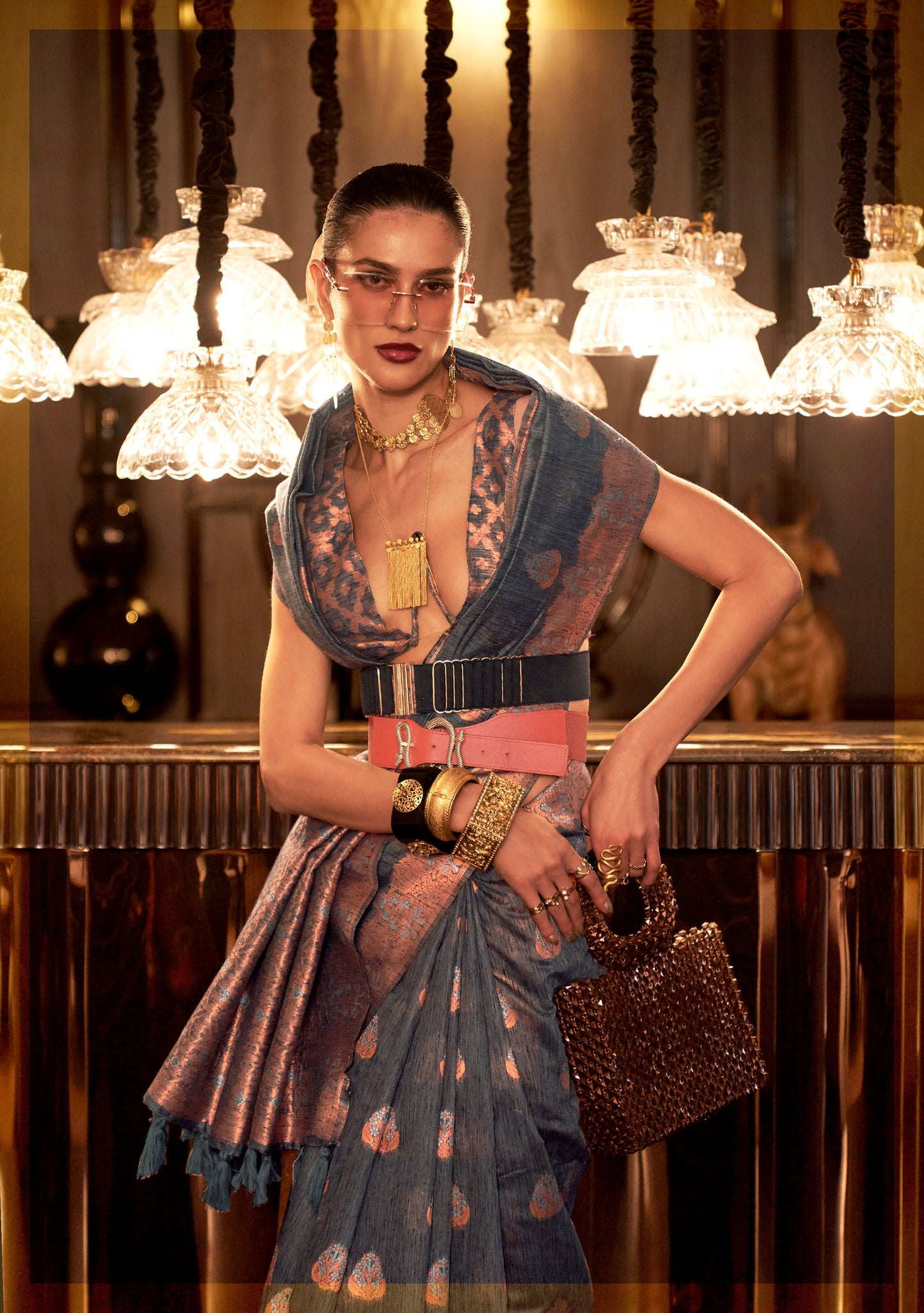 Dark Grey Klassima Linen Pure Linen Zari woven saree