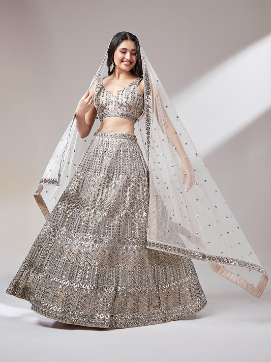 Beige Net Mirror & Sequins Embroiderey Lehenga