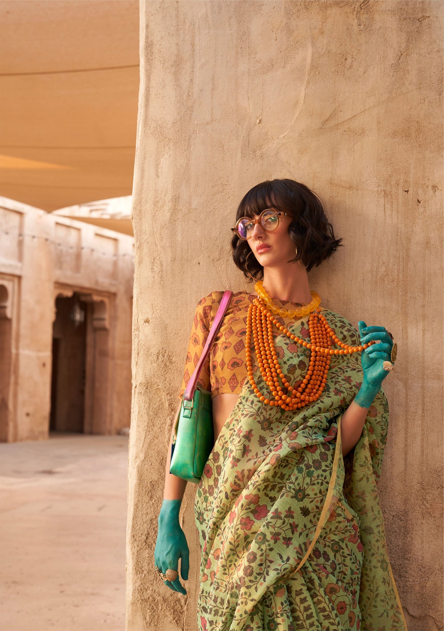 olive Green Komet Printed Zari Handloom Tissue Saree