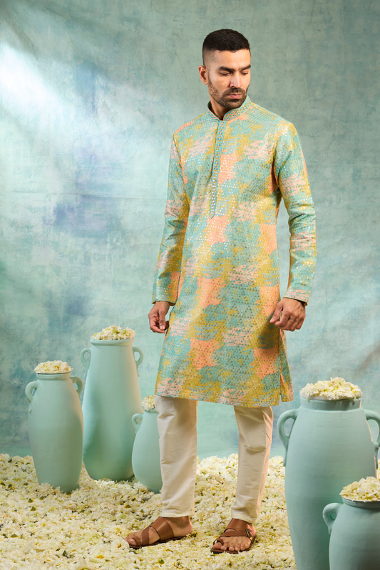 Multicolour silk kurta set with thread work and sequins work