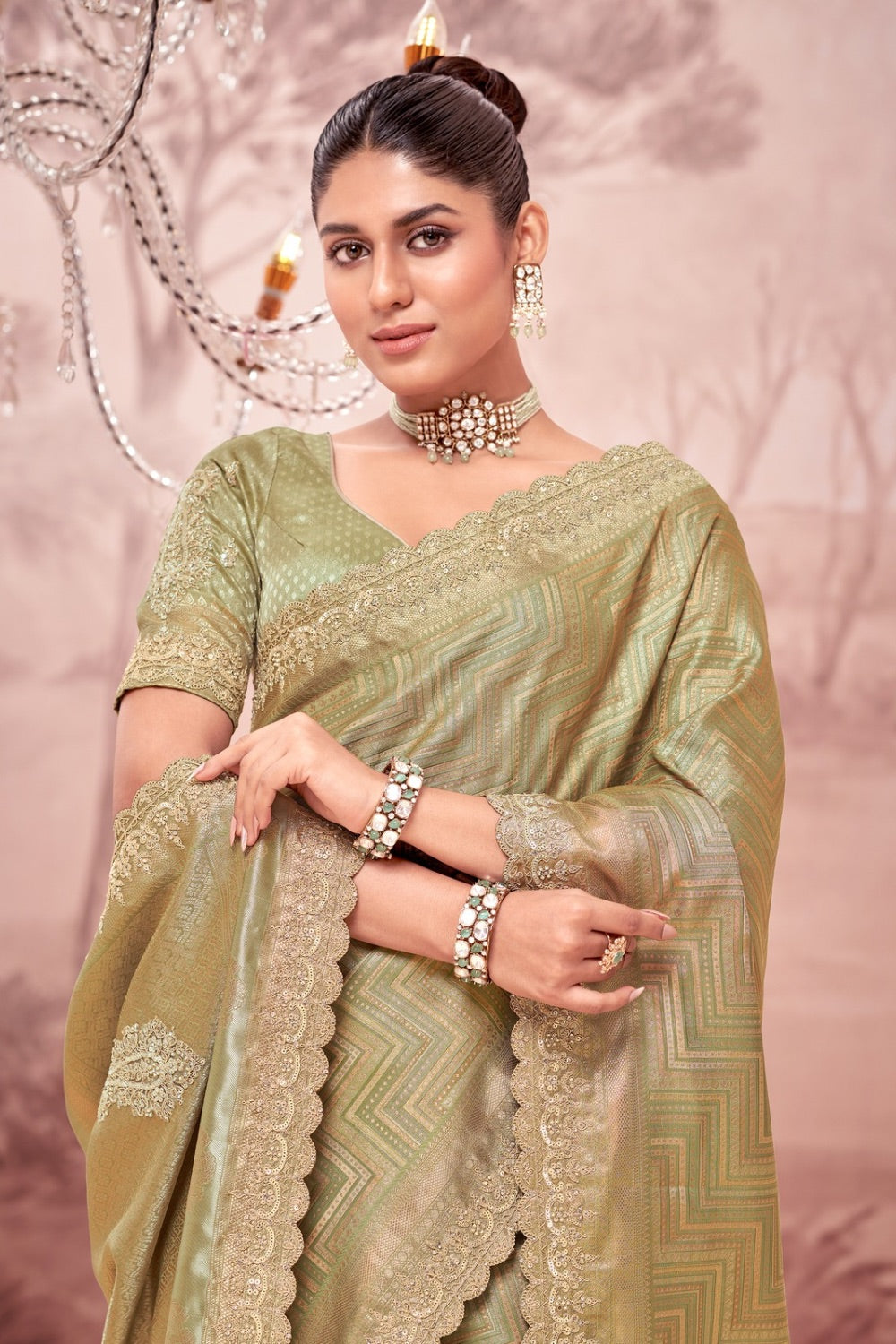 Sage green soft silk saree with matching unstitched blouse