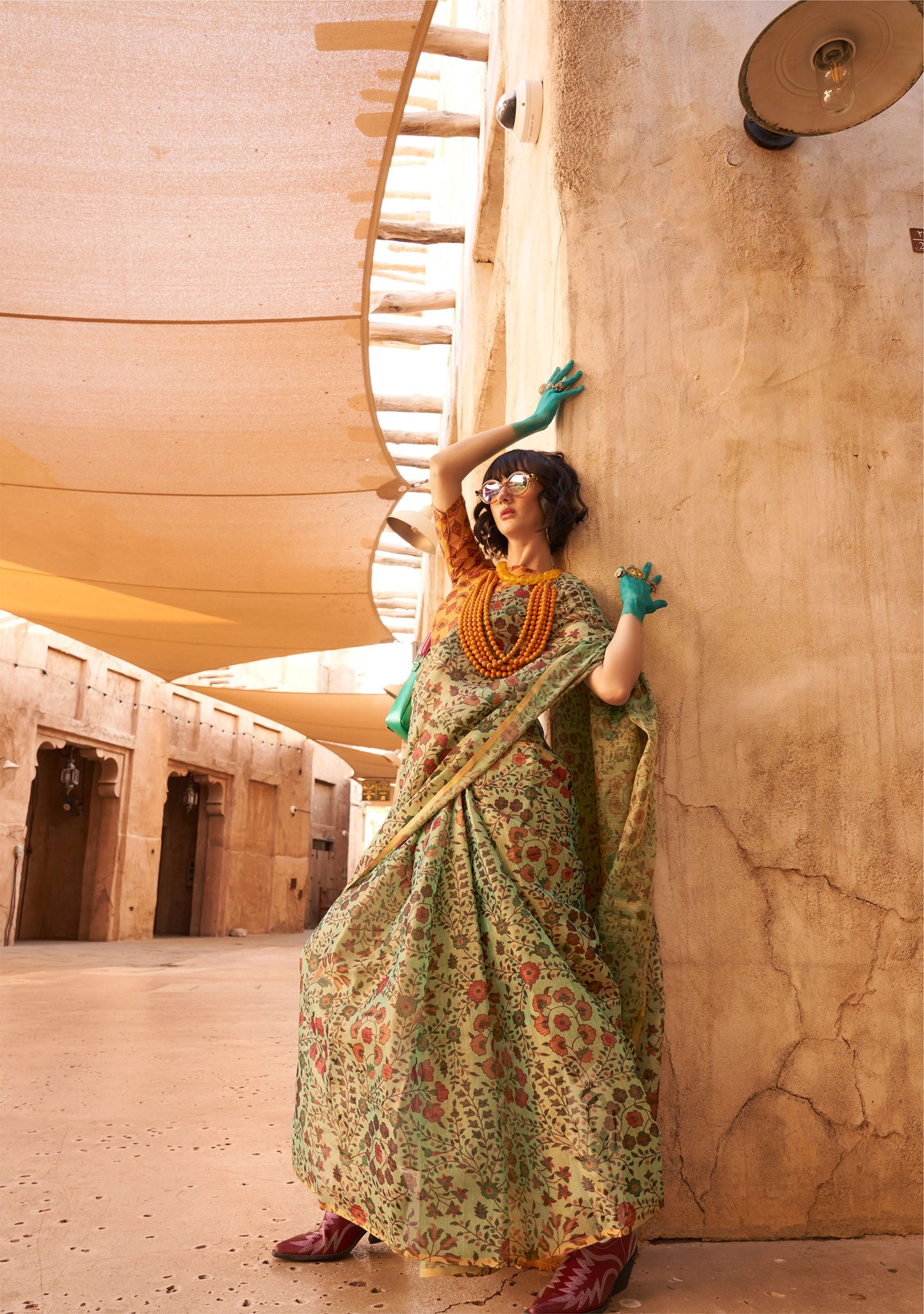 olive Green Komet Printed Zari Handloom Tissue Saree