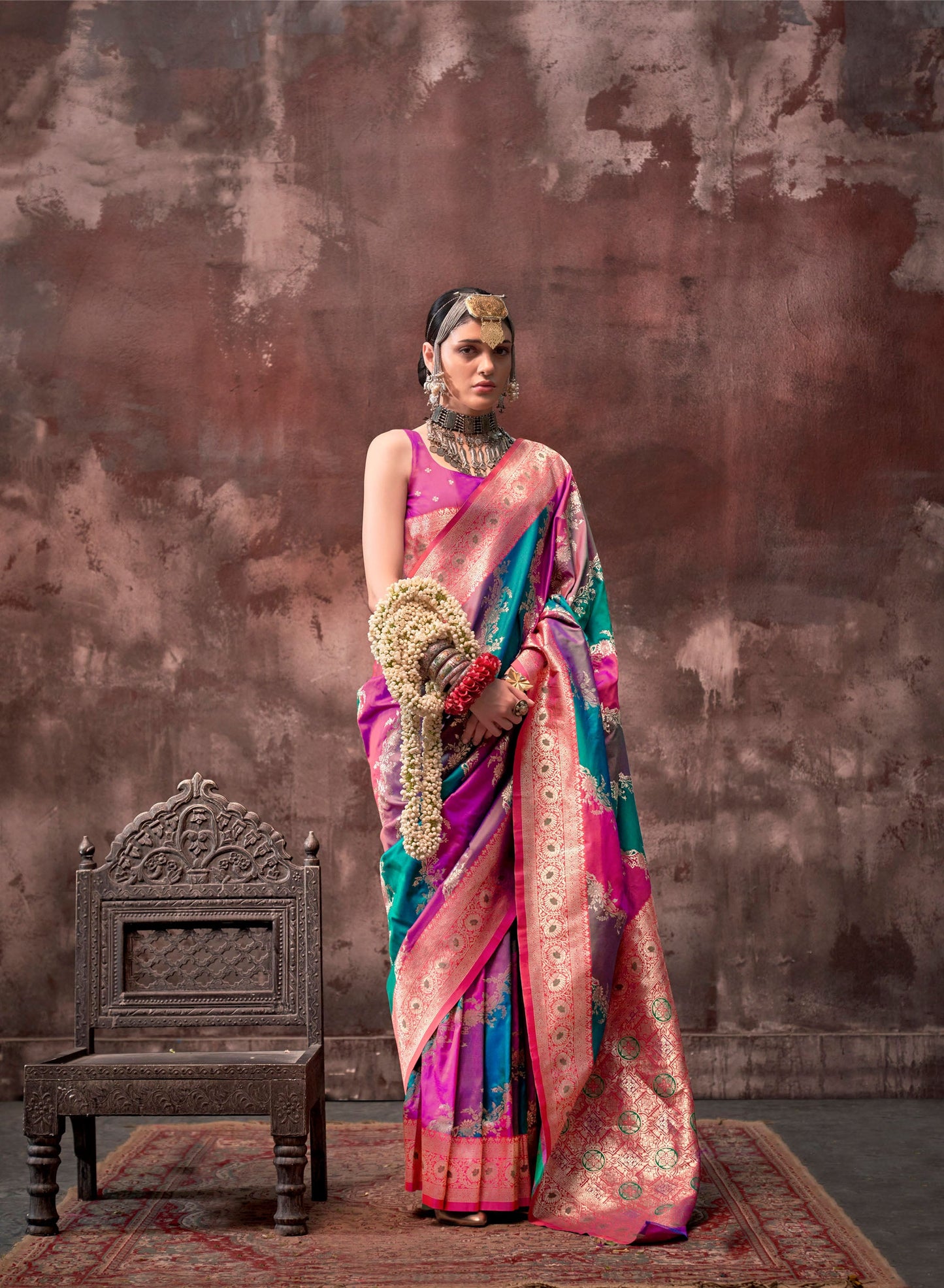 Teal blue Kookal Rangkaat Handloom Silk Saree