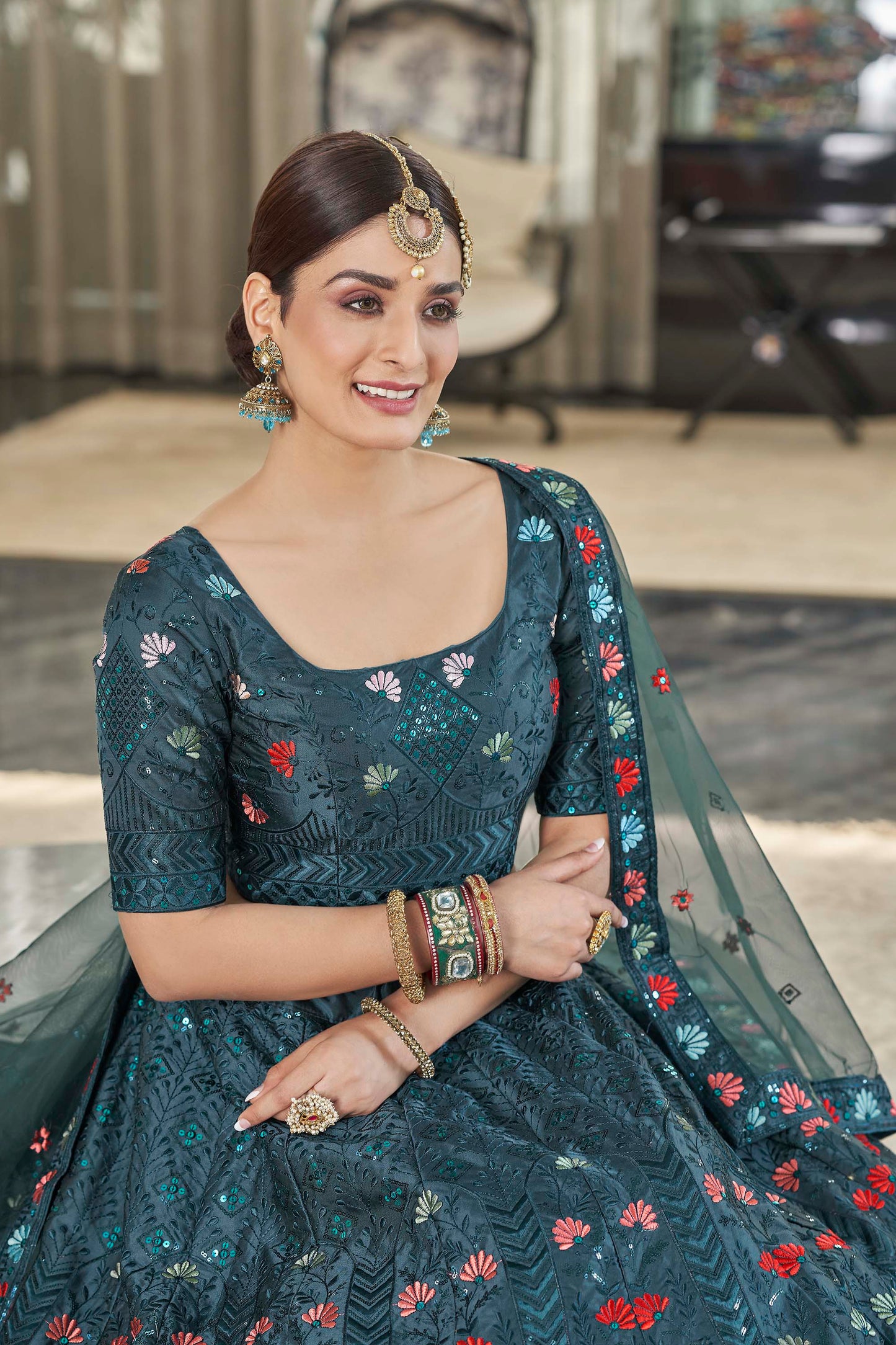 Marvelous Teal Green Color Art silk Lehenga