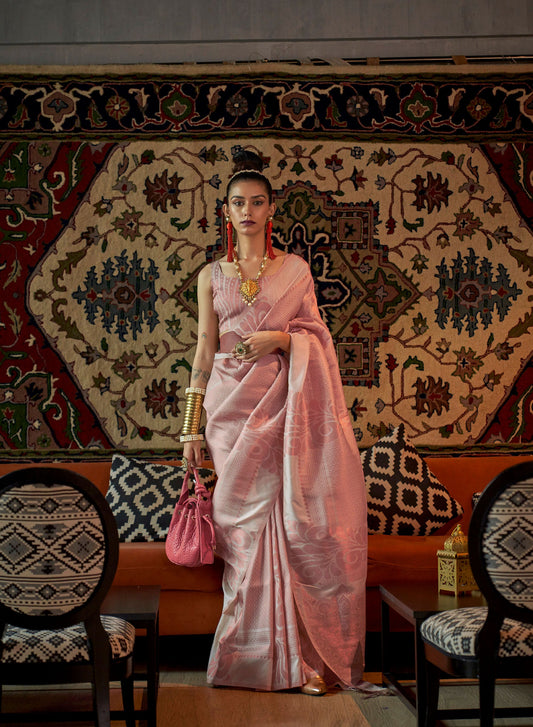 Light Pink Kanmani Silk Copper Zari Handloom Saree