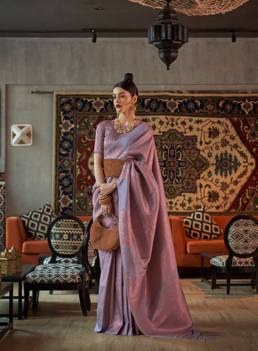 Lavender Kanmani Silk Copper Zari Handloom Saree