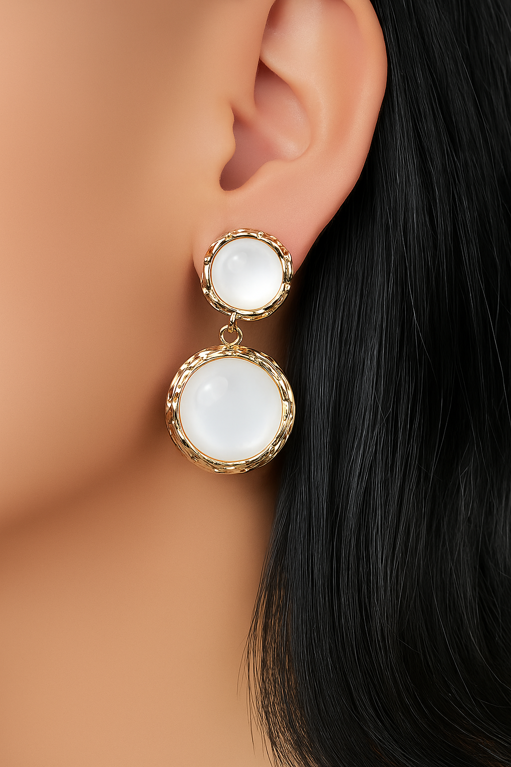 Zevar Club Gold Tone Glossy White Pearl-Textured Double Circle Drop Earrings for Women