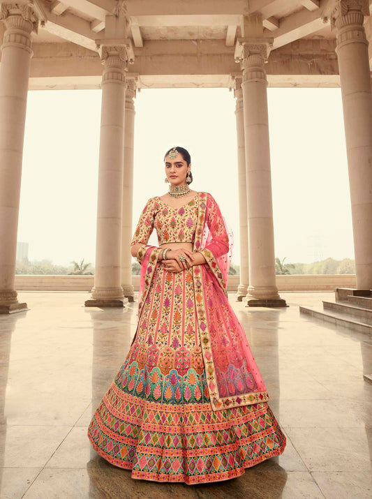 Beige and Pink Art Silk Printed Lehenga