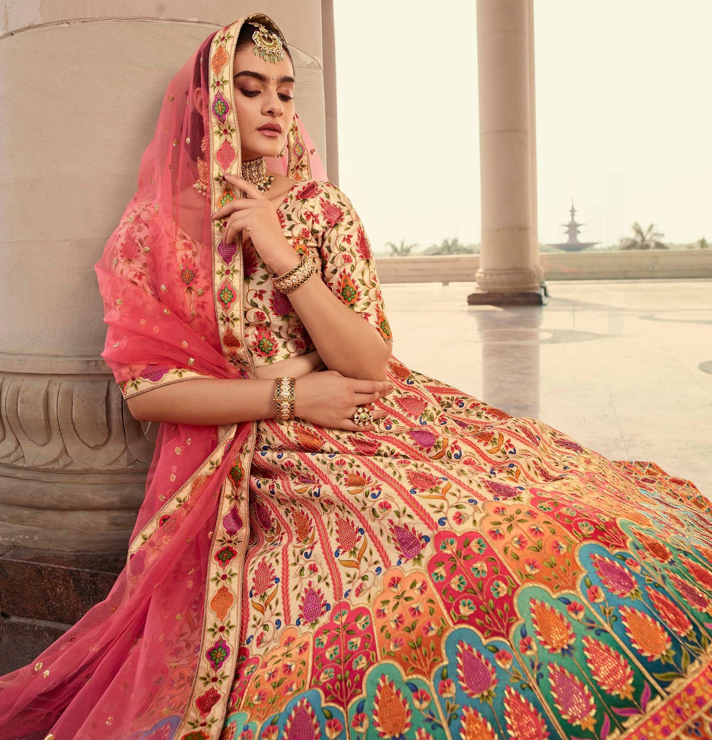 Beige and Pink Art Silk Printed Lehenga