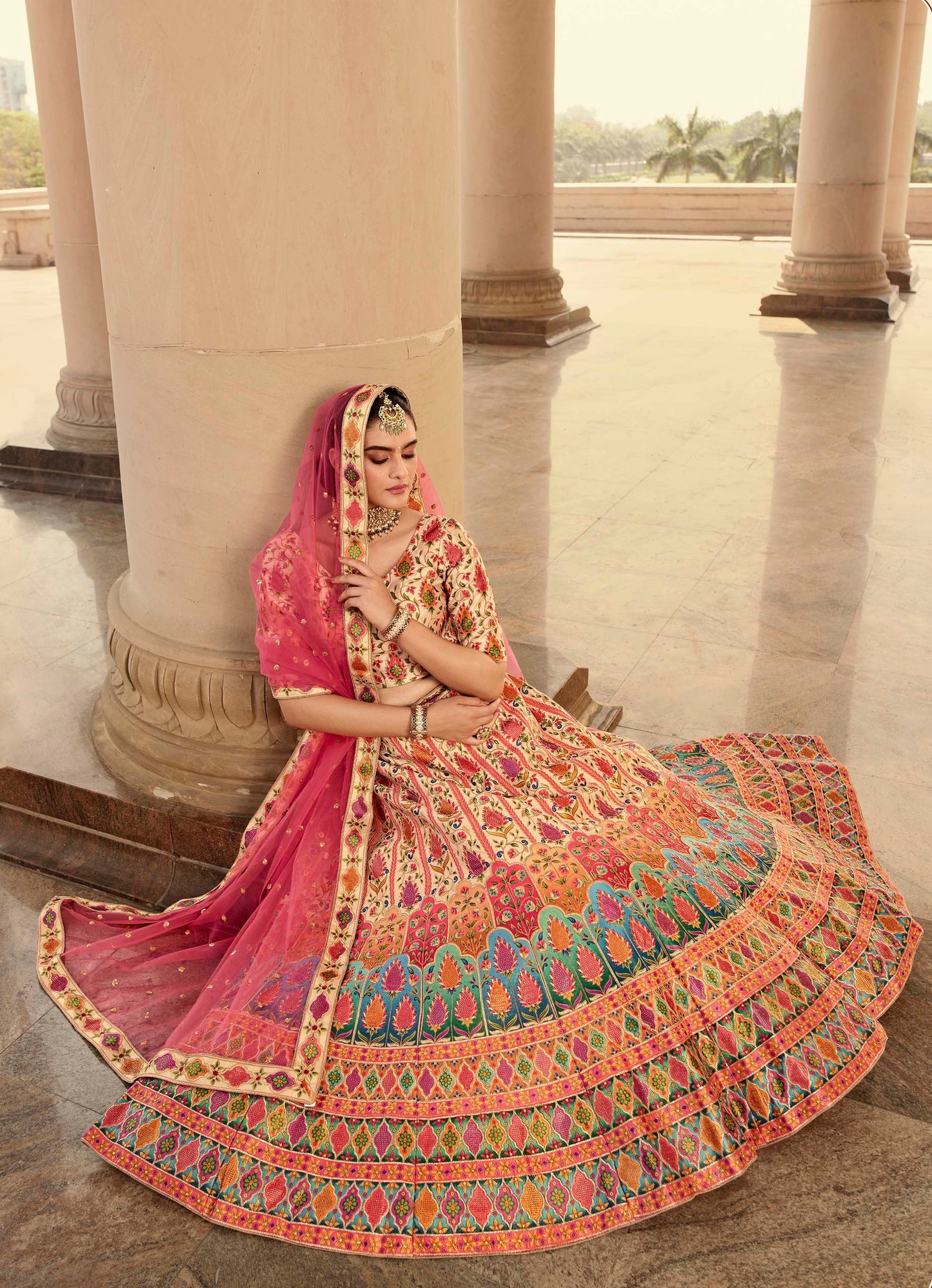 Beige and Pink Art Silk Printed Lehenga