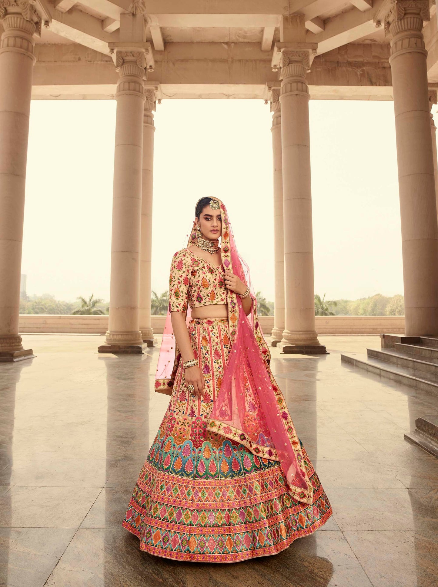Beige and Pink Art Silk Printed Lehenga
