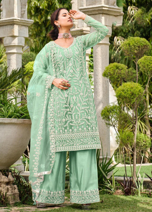 Sea Green Color Thread Embroidery Net Sharara