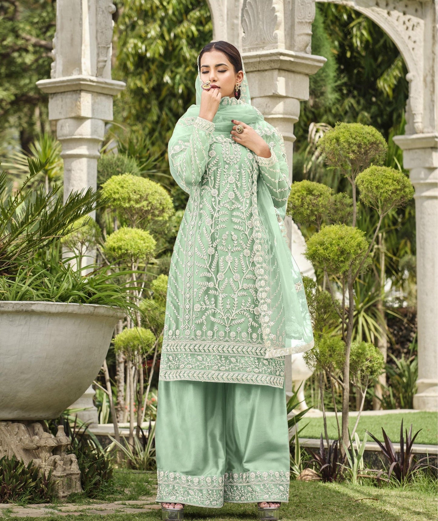 Sea Green Color Thread Embroidery Net Sharara