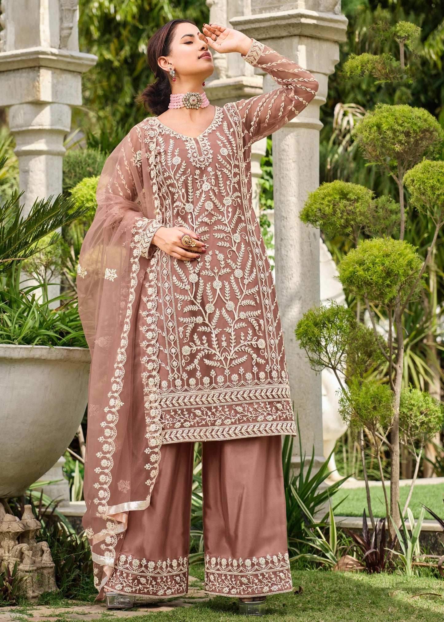 Light Brown Color Thread Embroidery Net Sharara