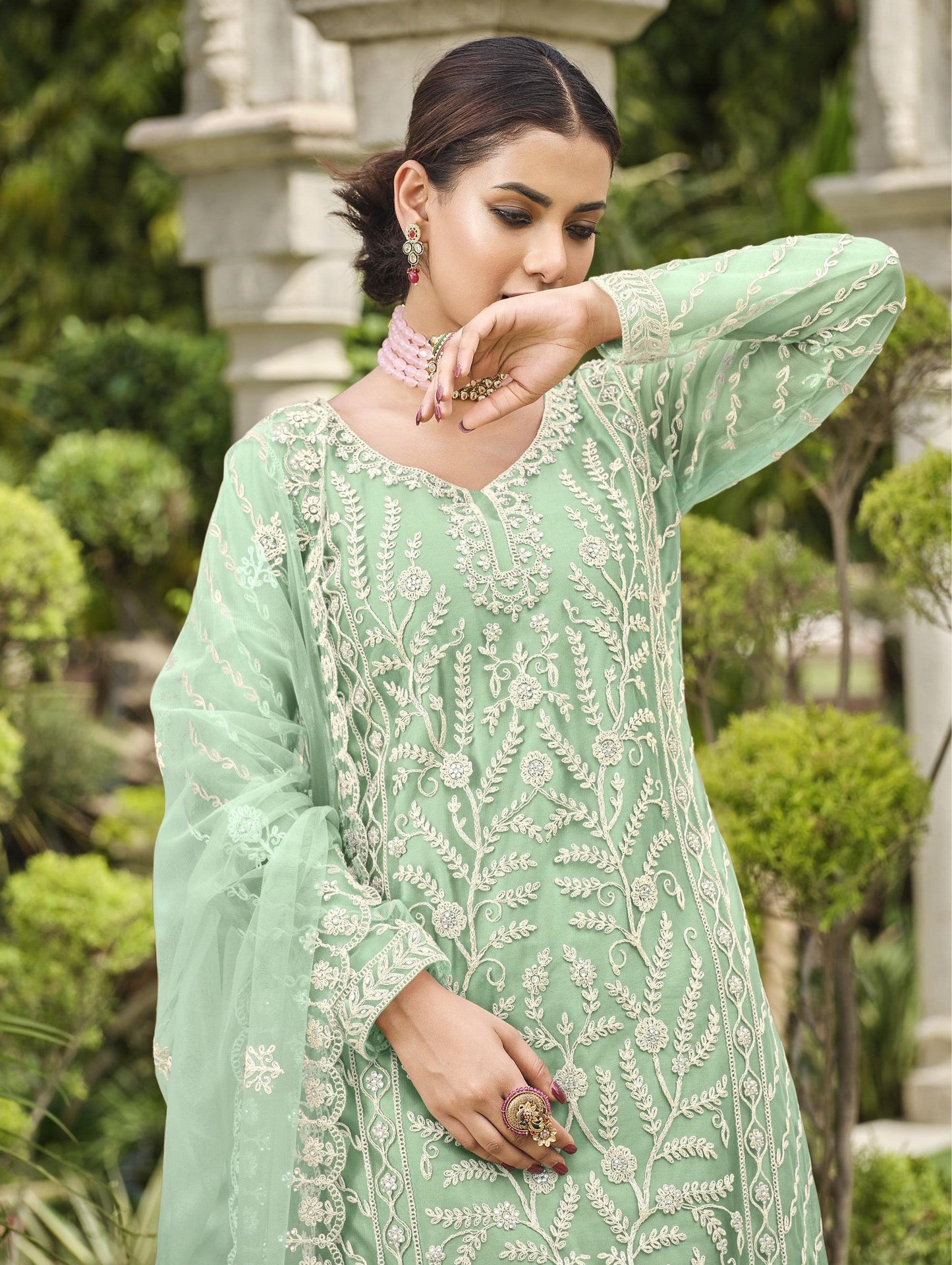 Sea Green Color Thread Embroidery Net Sharara