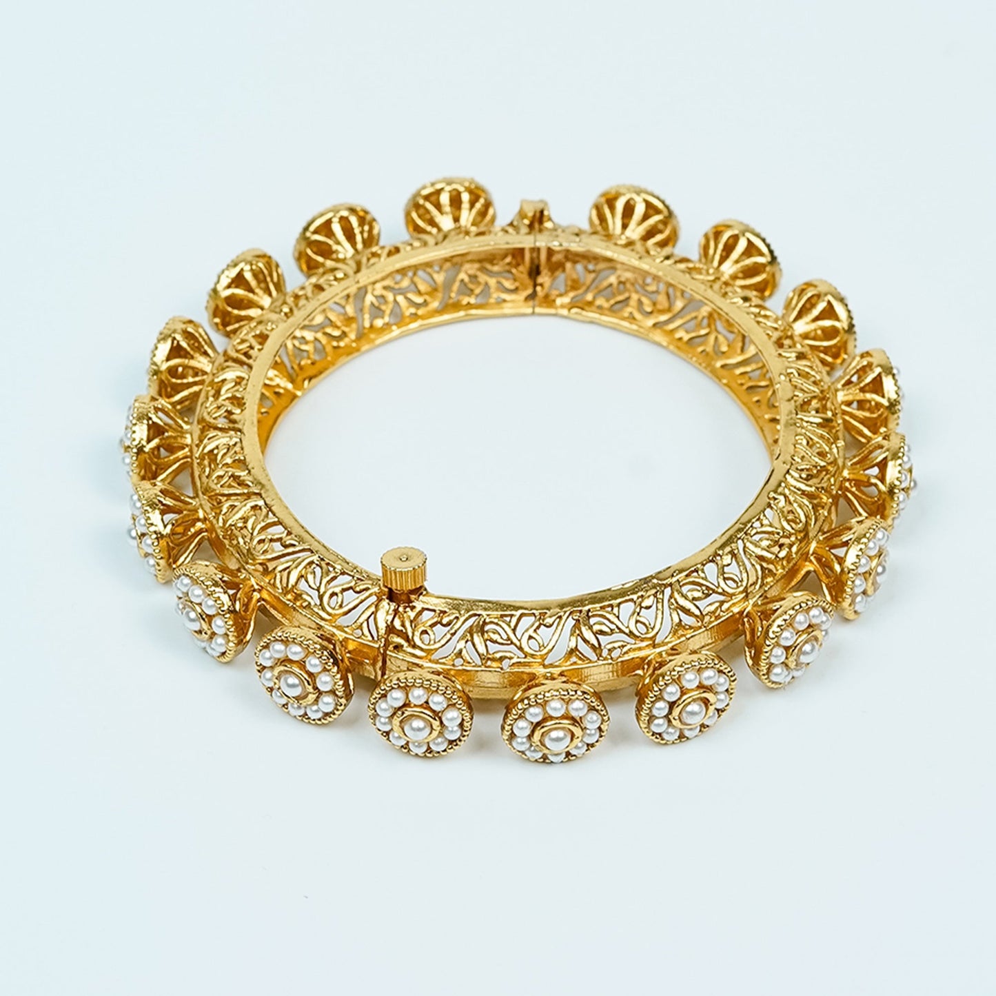 Zevar Club Set of 2 22K Gold-Plated Handcrafted Floral Drop Bangles with White Pearl Accents for Women