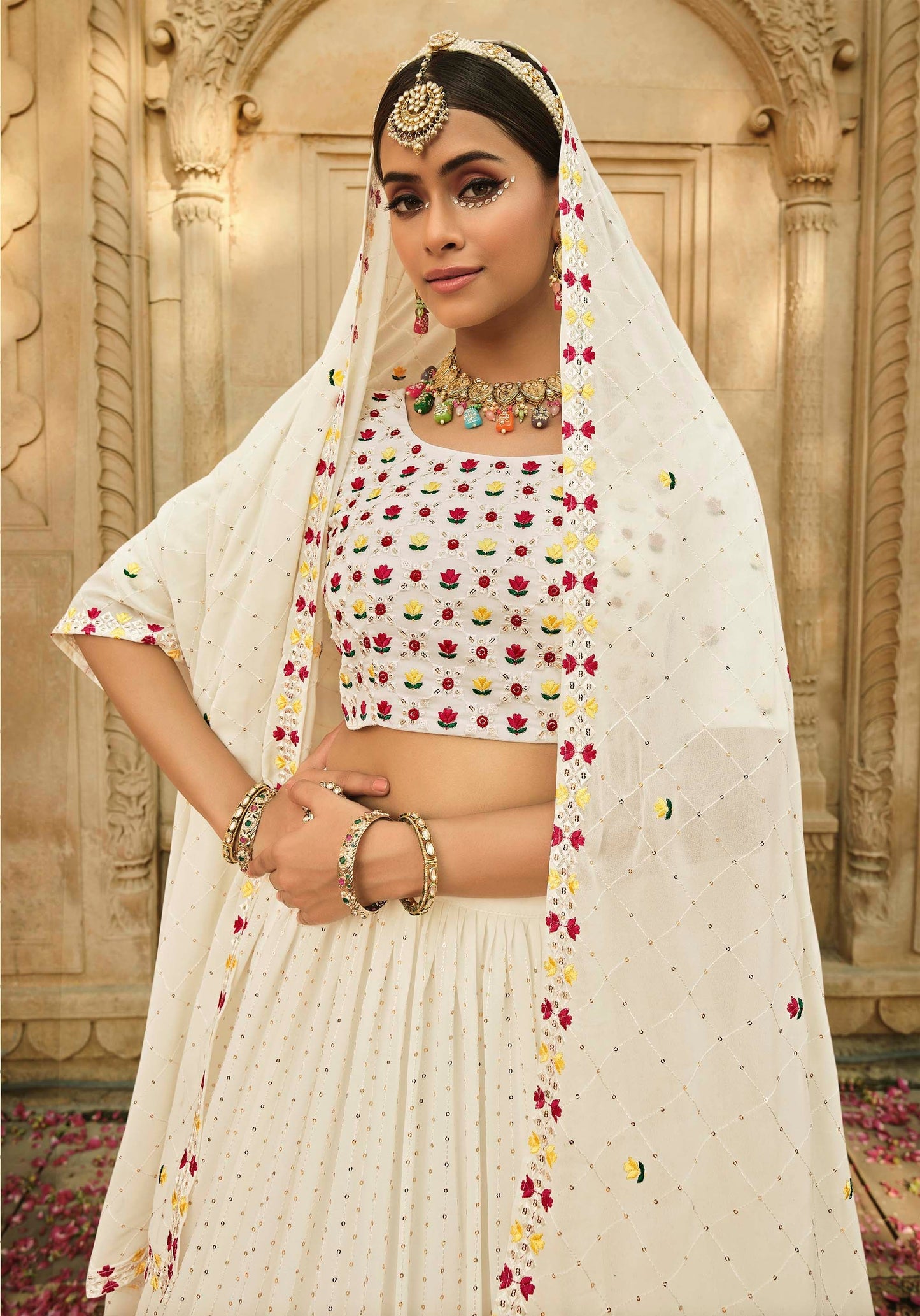 Beautiful Off-White Georgette Haldi Lehenga