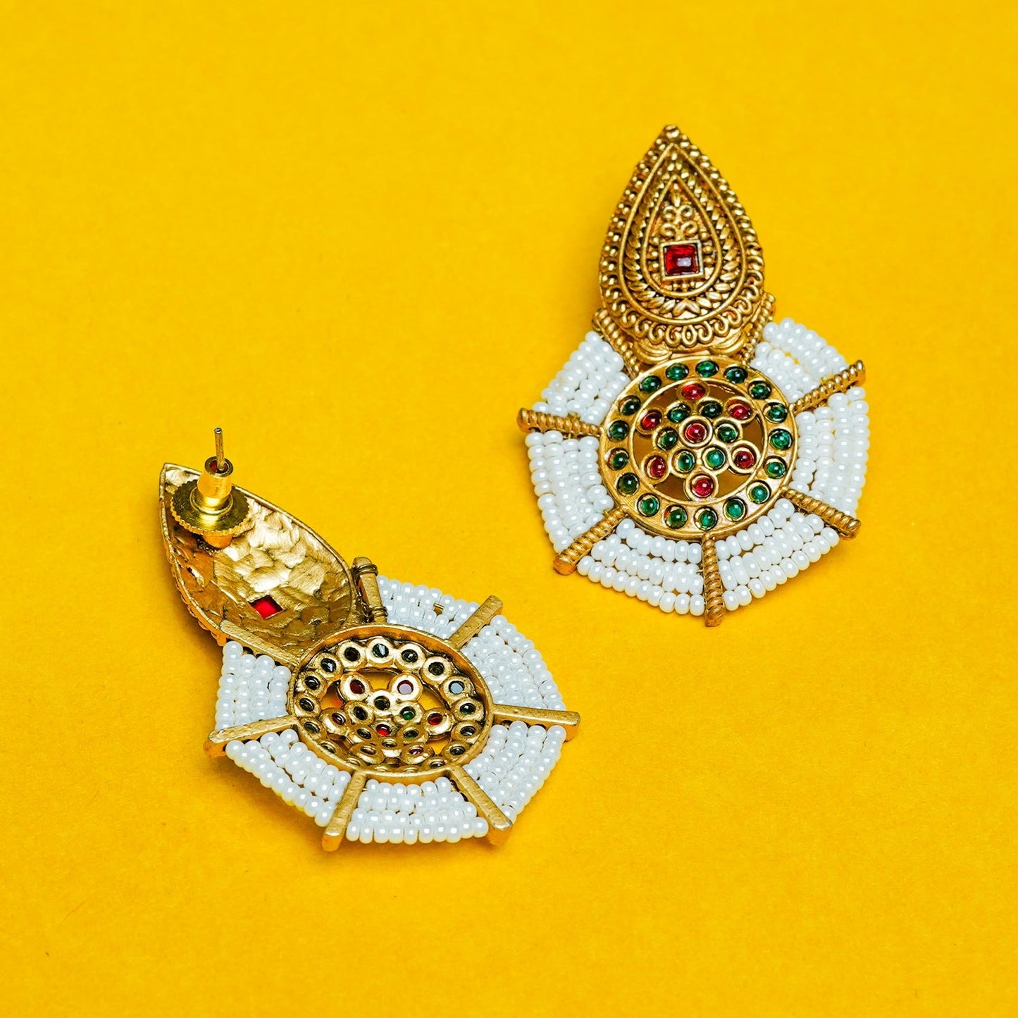 Zevar Club Gold-Toned Red & Green Stone Studded White Seed Beaded Circular Drop Earrings