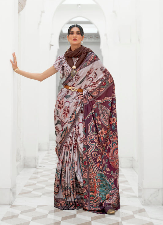 Brown Digital Print Crepe Silk Saree