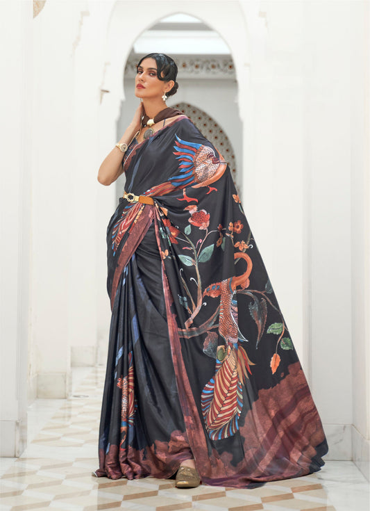 Black Digital Print Crepe Silk Saree