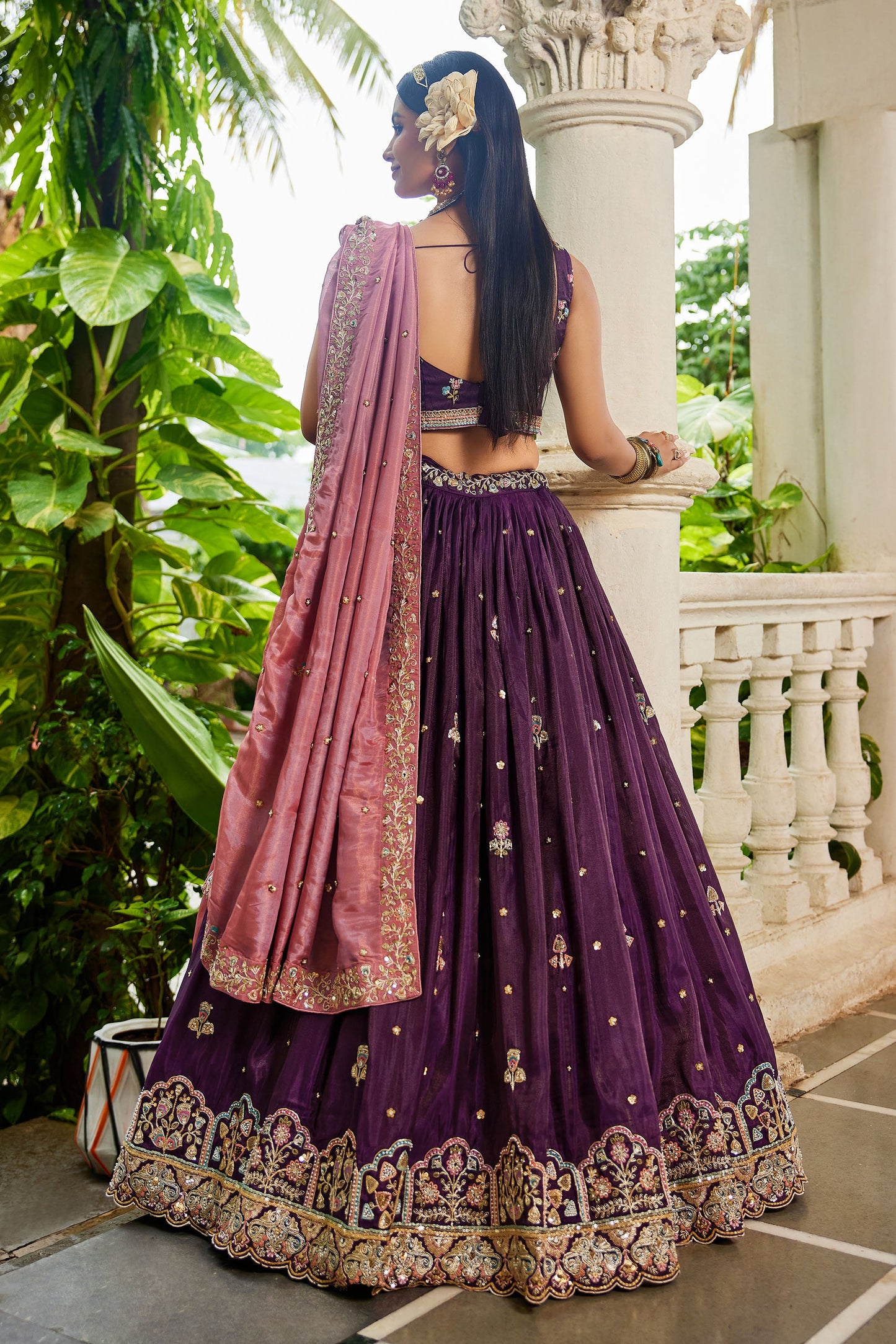 Burgundy colour Satin Sequins embroidery Lehenga choli & Dupatta