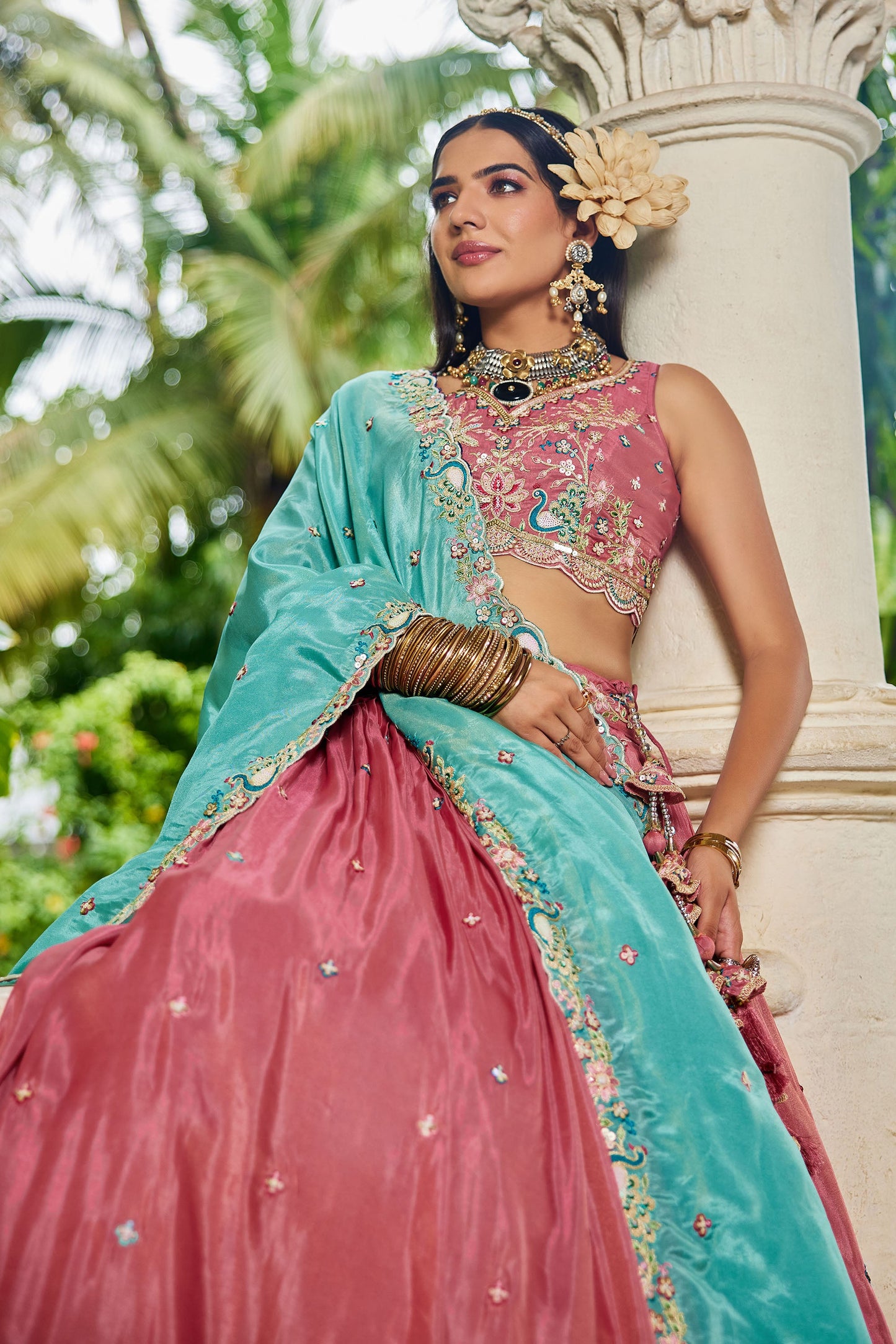 Pink colour Satin Sequins embroidery Lehenga choli & Dupatta