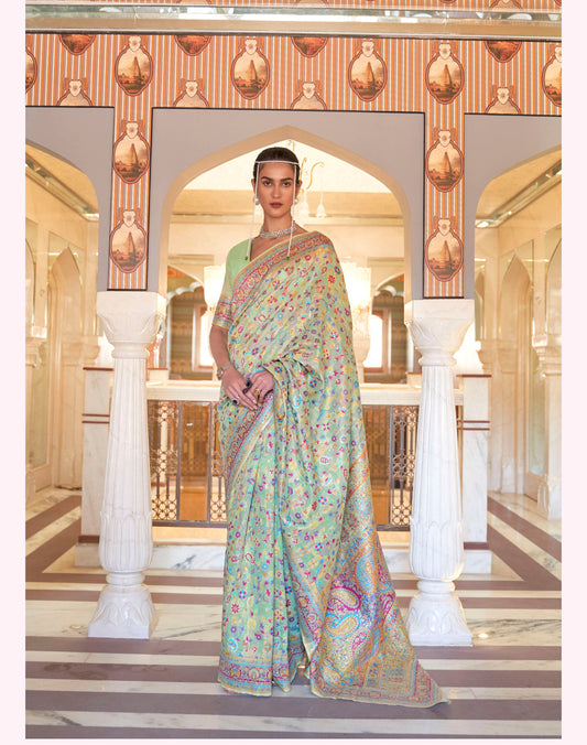 Mint Green Kashmiri Handloom Silk Weave Saree