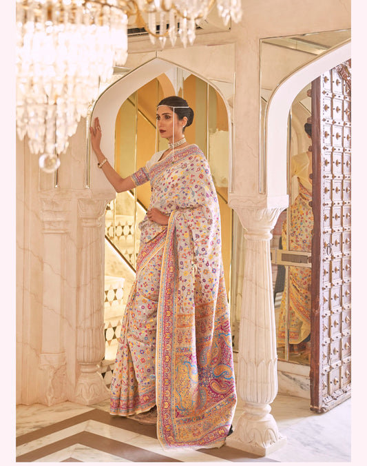 Cream Kashmiri Handloom Silk Weave Saree